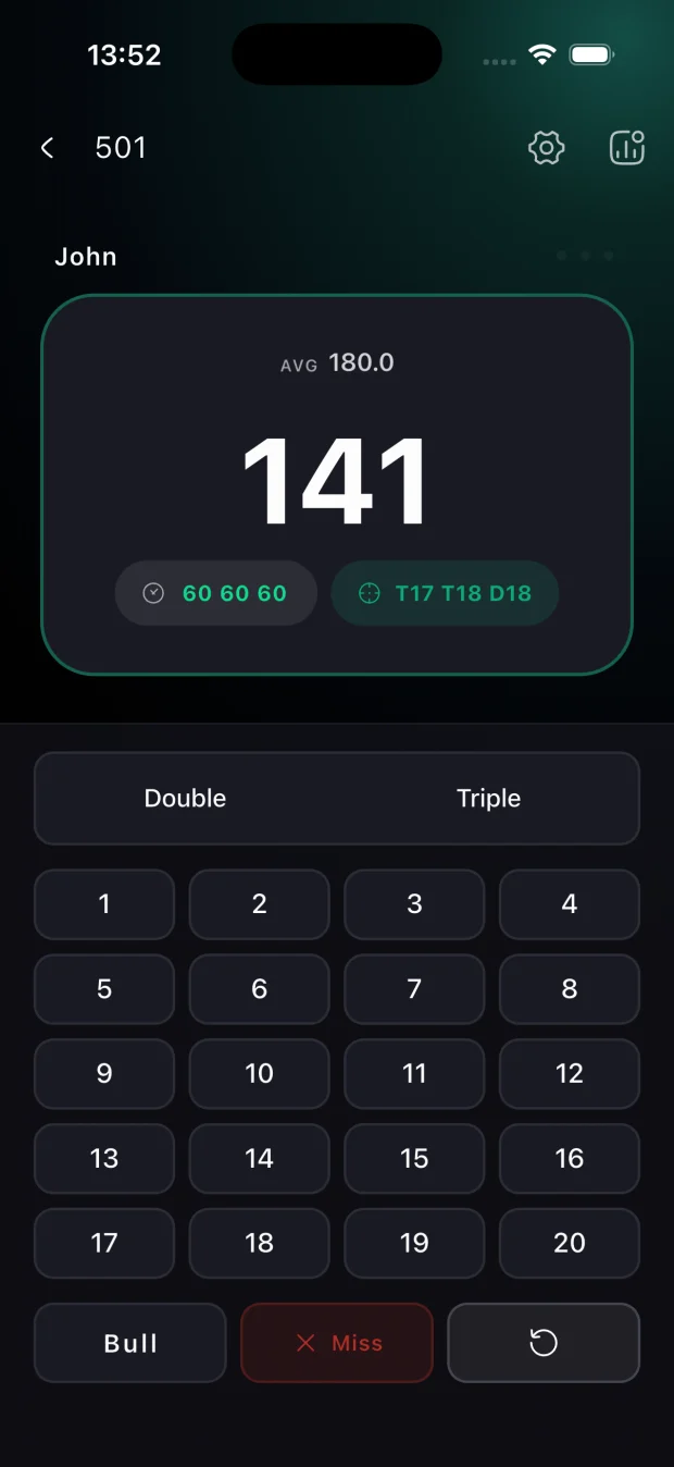 Dartist live 501 scoring screen with average and checkout