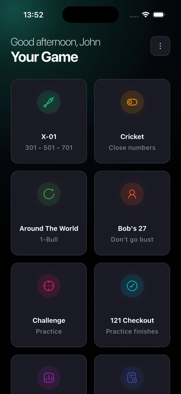 Dartist game mode selection screen — set up a match